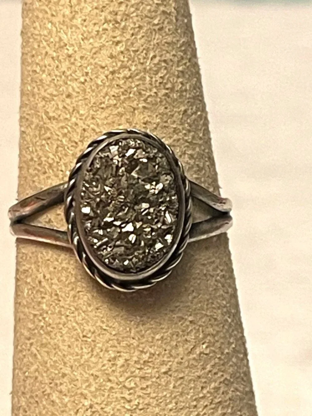 Vtg Druzy Pyrite Oval Ring With Silver Band Minimalist Style
